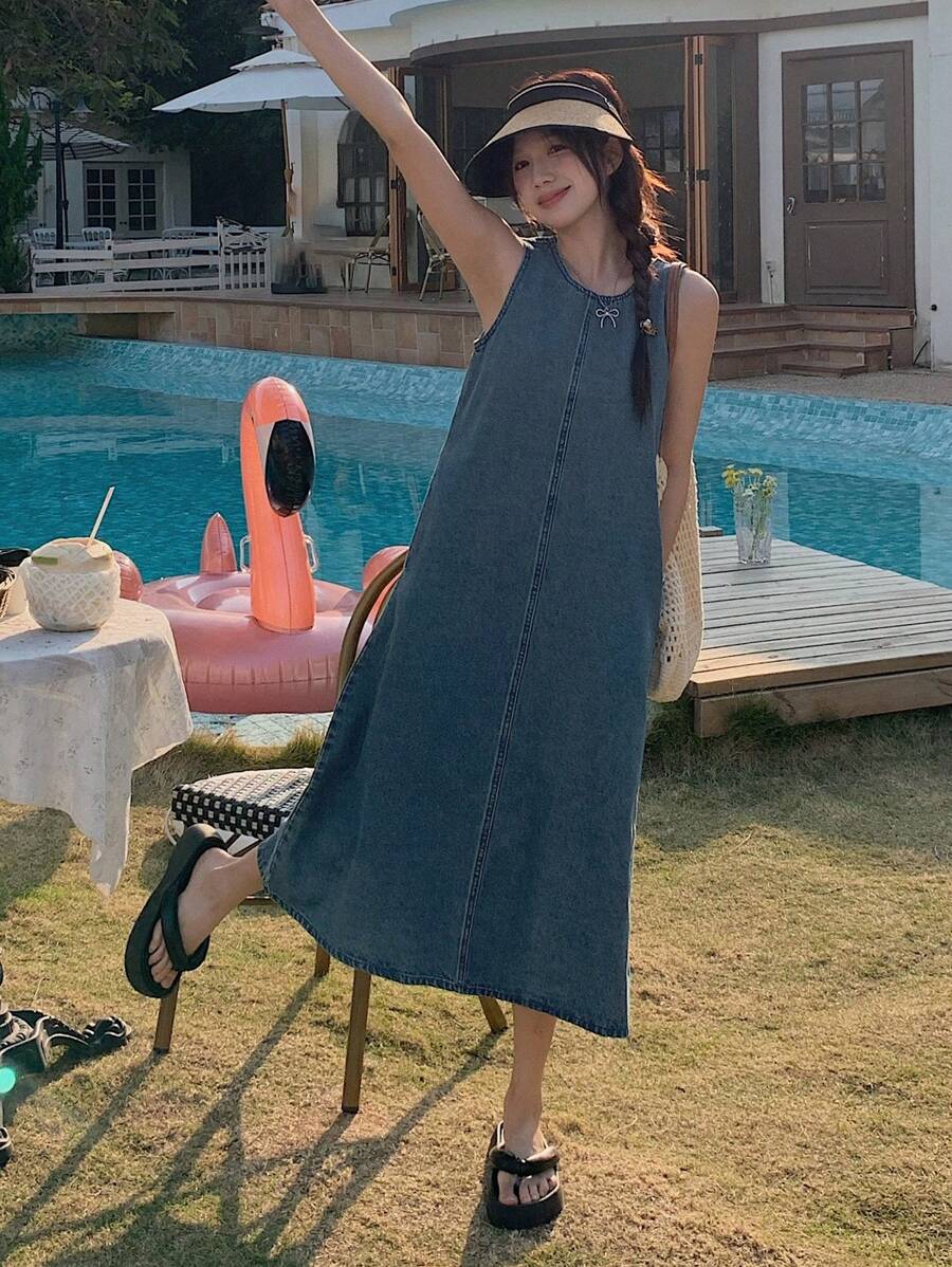 DAZY 女士无袖休闲长款牛仔连衣裙 - 藏蓝色 - 查看 1
