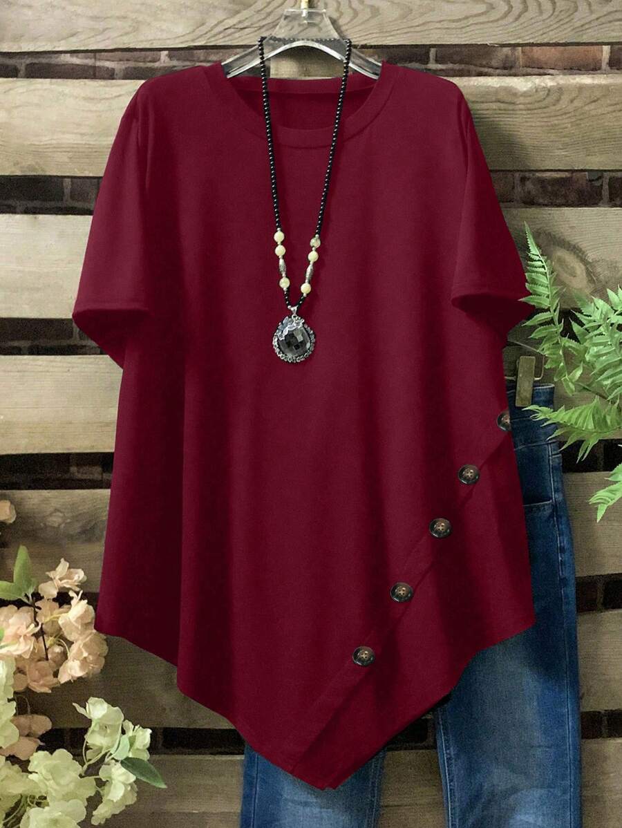 Plus Size Women's Solid Color Round Neck Short Sleeve Button Design Casual T-Shirt - Burgundy - View 1
