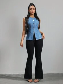 SHEIN Tall 女式牛仔上衣 休闲长款背心 蓝色女式上衣 女式衬衫 秋季 夏季 女式高腰上衣 女式妈妈上衣 夏季上衣 吊带背心 女式高腰上衣 女式高腰上衣 - 中等水洗藍 - 查看 4