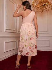 SHEIN VCAY Plus Size Vacation Romantic Sexy Asymmetrical Shoulder Big Bow Vintage Placement Print Long Dress.Valentine, Casual Picnic Party,Monet Garden - Pink - View 2