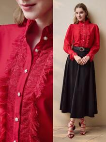 MOTF PREMIUM CONTRAST LACE BUTTON UP SHIRT - Red - View 10