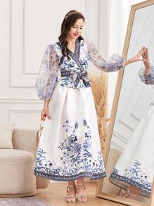SHEIN Teen Girls Blue Elegant Floral Patchwork Sheer Mesh Printed Shirt With Floral A-Line Skirt, Bowknot Waist Princess Style Dress Set, Suitable For Holidays, Elegant