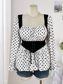 Flirla Plus Size French Style Square Neck 2 In 1 Lace-Up Long Sleeve Frill Trim Shirt For Women Fall Cloth For Women - Multicolor - View 1