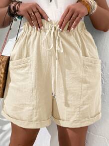 EMERY ROSE Plus Size Women Solid Color Drawstring Waist Pocket Loose Shorts - Apricot - View 1