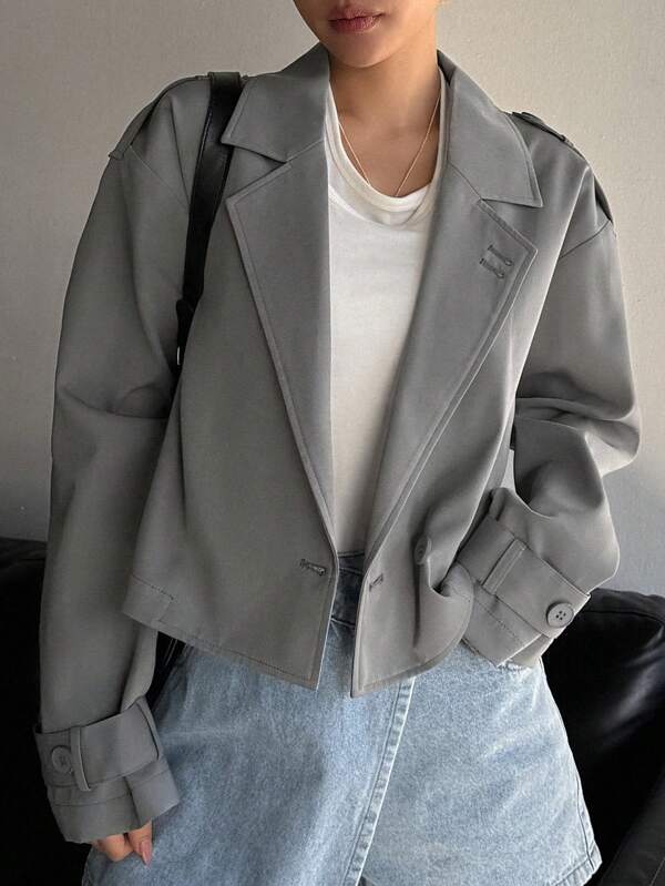 DAZY Women's Plain Color Lapel Neck Long Sleeve Short Trench Coat