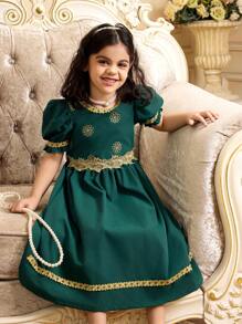 Robe de Ramadan pour jeune fille, robe élégante à la mode vert menthe avec manches bouffantes, garniture en dentelle florale dorée, gracieuse et luxueuse - Vert - Voir 7