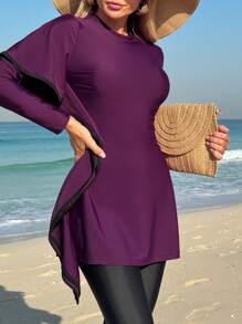 Swim Mulvari Summer Women's Loose Long Sleeve Round Neck Solid Color Beach T-Shirt With Waist Side Flying Edge And Solid Black Long Pants Burkinis Swimsuit Purple Clothes Set Arabic Clothing - Purple - View 1