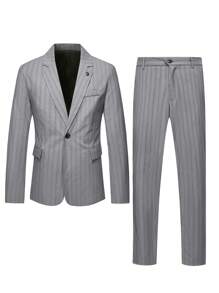 Calvornis Men's Front Button Long Sleeve Striped Minimalist Top And Pants Suit Set - Grey - View 5