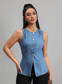 SHEIN Tall 女式牛仔上衣 休闲长款背心 蓝色女式上衣 女式衬衫 秋季 夏季 女式高腰上衣 女式妈妈上衣 夏季上衣 吊带背心 女式高腰上衣 女式高腰上衣 - 中等水洗藍 - 查看 3