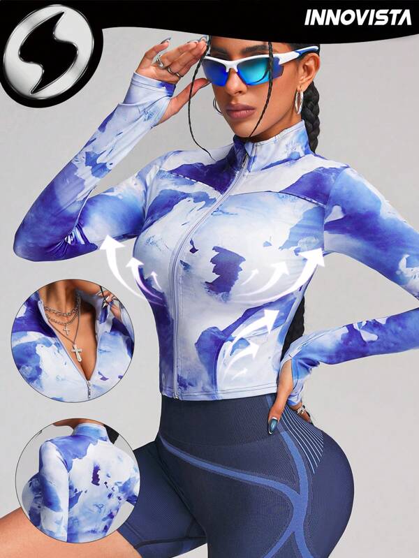 Innovista Woman Activewear Digital Printing Sports Jacket, Abstract Marbling, Tie Dye, Long Sleeve Polo Cropped T-Shirts, Stitching Tight Fit & Light Weight Training Zip Up Sweatshirt, High Elastic & Breathable Workout Outfits Gym Top, Windbreak,   Edgy & Unique Fitness Tracksuit, Outdoor, Hike, Running, Camping, Cycle, Bike, Music Festival, Party, Spring, Eclectic, Tennis, Colorblock, Blue&White, Valentine's Day