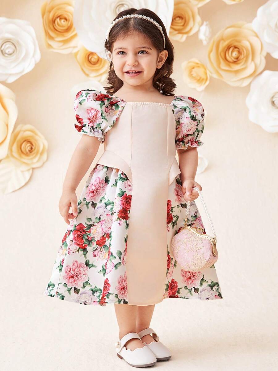 SHEIN Leap Crew Baby Girl Elegant Puff Sleeve Floral Print Color Block Patchwork Dress - Pink - View 1