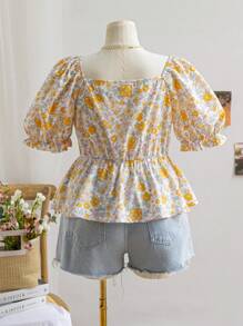 Soleia 大码女式波西米亚风春季黄色碎花甜心领泡泡袖褶皱腰 A 字衬衫，适合夏季 - 彩色 - 查看 2