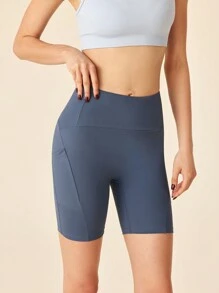SHEIN Sports Short de entrenamiento de cintura alta sin costuras de unicolor para mujer