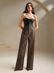 Anewsta Pantalones acampanados suaves y de alta calidad para mujer, pantalones largos de piel sintética de pierna ancha, diseño de pantalones de pierna ancha
