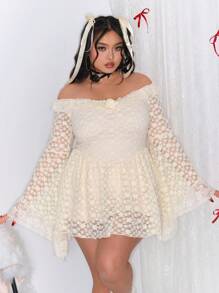 ROMWE Kawaii Plus Size Sweet Palace Style Lace Off Shoulder Flare Sleeve Dress