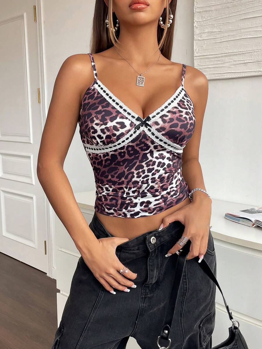 INAWLY Slim Fit Sexy Leopard Print Lace Patchwork Camisole, Summer - Khaki - View 1