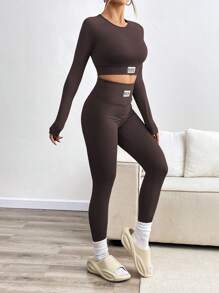 INAWLY 2pcs Women's Set: Crew Neck Long Sleeve Top And Long Pants, Minimalist Fall Cloth For Women - Rust Brown - View 5