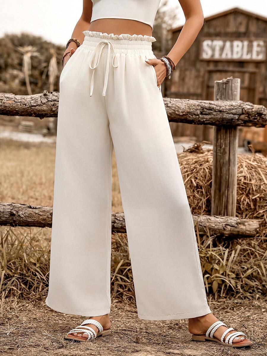 Breezaya Women's Solid Color Tie Front Ruffle Hem Pockets Casual Pants - Beige - View 1