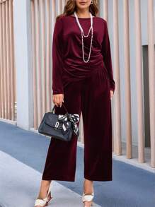EMERY ROSE Conjunto de dos piezas de ropa de invierno para mujer tallas grandes, con top morado elegante plisado y pantalón con bolsillos
