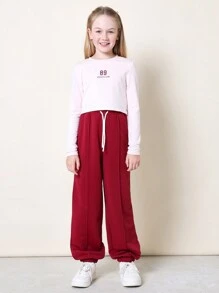 SUMWON Tween Girls Everyday Play 长袖婴儿 T 恤，带图案印花和慢跑裤 2 件套 - 酒紅色 - 查看 1