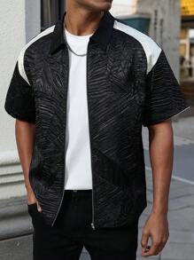 Manfinity Homme 男士时尚拉链拼色衬衫 - 黑色 - 查看 6