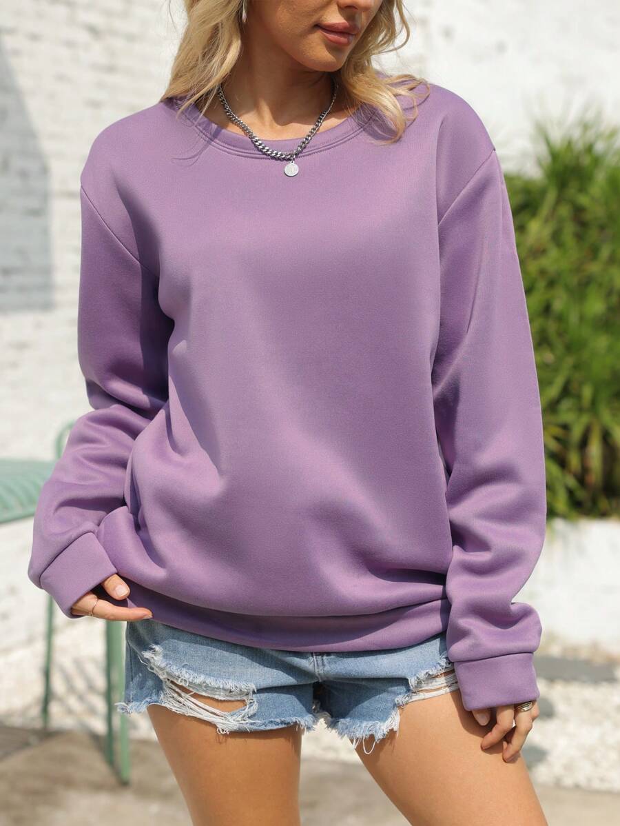 INAWLY Solid Drop Shoulder Sweatshirt Pullover Fall Sweatshirt - Lilac Purple - View 1