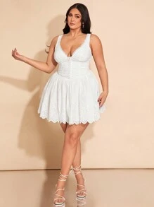 SHEIN BAE Vestido de vacaciones elegante y blanco para mujer de talla grande, vestido de verano elegante para la playa con bordado calado y vuelo, vestido de viaje dulce para citas