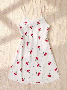 Flirla Vestido mini con tirantes con estampado de lunares y cerezas