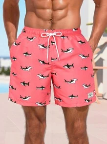 Manfinity KASUA 男士抽绳口袋全印花休闲短裤，适合休闲度假，夏威夷风 - 珊瑚粉 - 查看 5