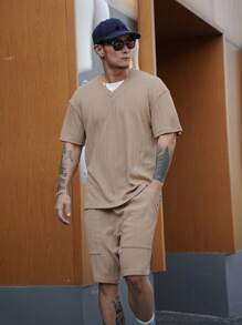 DAZY Bộ quần short lưng thun co giãn có dây rút bằng vải họa tiết mùa hè dành cho nam kèm áo phông màu kaki - Màu Khaki - Xem 2