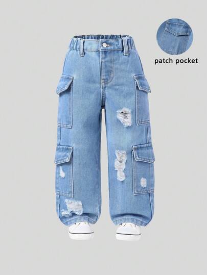 年轻女孩 Y2K 风格休闲破洞多口袋松紧腰工装洗水蓝牛仔裤