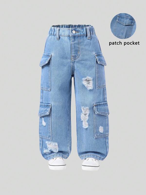 Young Girl' Y2K Style Casual Distressed Multi-Pocket Elastic Waist Cargo Washed Blue Denim Jeans
