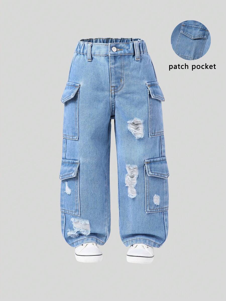 年轻女孩 Y2K 风格休闲破洞多口袋松紧腰工装洗水蓝牛仔裤 - 中等水洗藍 - 查看 1