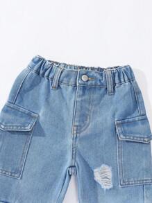 年轻女孩 Y2K 风格休闲破洞多口袋松紧腰工装洗水蓝牛仔裤 - 中等水洗藍 - 查看 3
