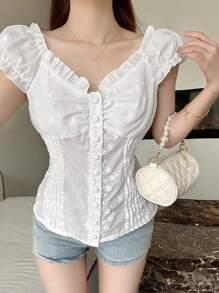 DAZY Áo sơ mi nữ ren Jacquard cổ chữ V tay ngắn cài nút phía trước thường ngày mùa hè - trắng - Xem 4