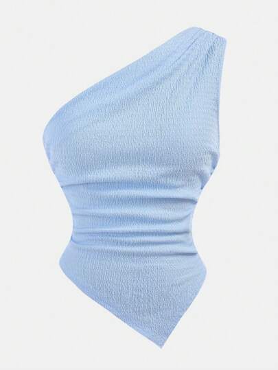 SHEIN Girlism Camiseta sin mangas para adolescentes de color azul claro con hombro asimétrico, cintura fruncida, textura y bajo asimétrico para playa y vacaciones