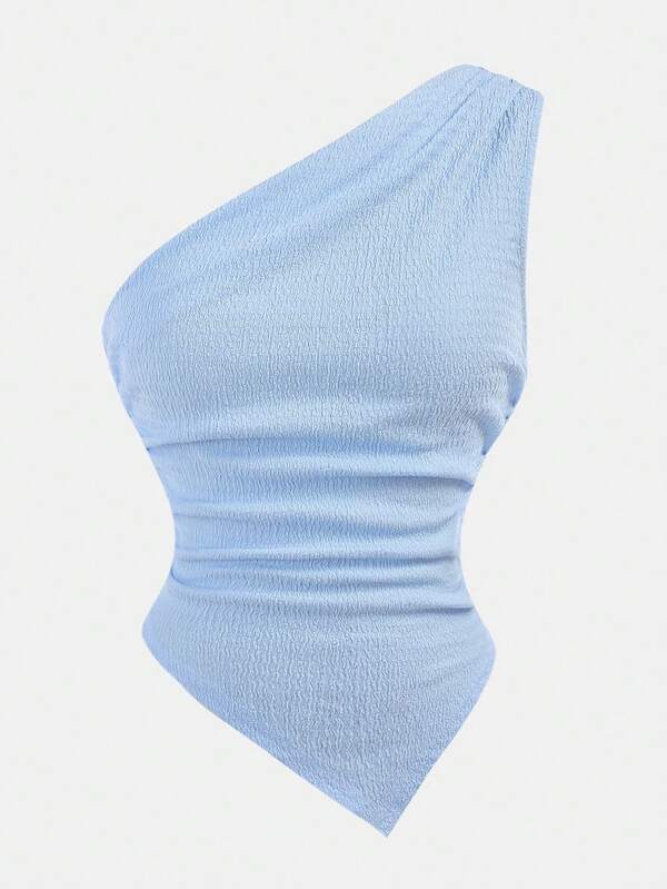 SHEIN Girlism Teen Girls Summer Light Blue Asymmetric Shoulder Waist Ruched Textured Asymmetrical Hem Cinched Waist Sleeveless Cami Top For Beach Vacation