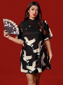 SHEIN Unity Chinese Style Loose Crane Pattern Button Up Elegant Dress, Suitable For Chinese New Year - Multicolor - View 6