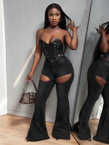 SHEIN Slayr Women's Pocket Rivet Decor Hollow-Out Flared Jeans - Black - View 1