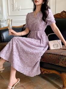 DAZY Women Textured Fabric Short Sleeve Waist Shaping Dress Sundress - Purple - View 4