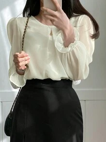 DAZY 女士纯色圆领长袖优雅衬衫，商务休闲，秋季，荷叶边，秋季女装 - 白色 - 查看 2