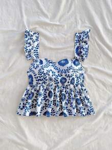 Soleia 女式 A 字型盖袖衬衫，适合度假、音乐节、波西米亚风、节日、下午茶 - 藍白色 - 查看 4