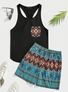 Manfinity RSRT 男士圆领无袖纯色拼布休闲上衣和短裤两件套套装