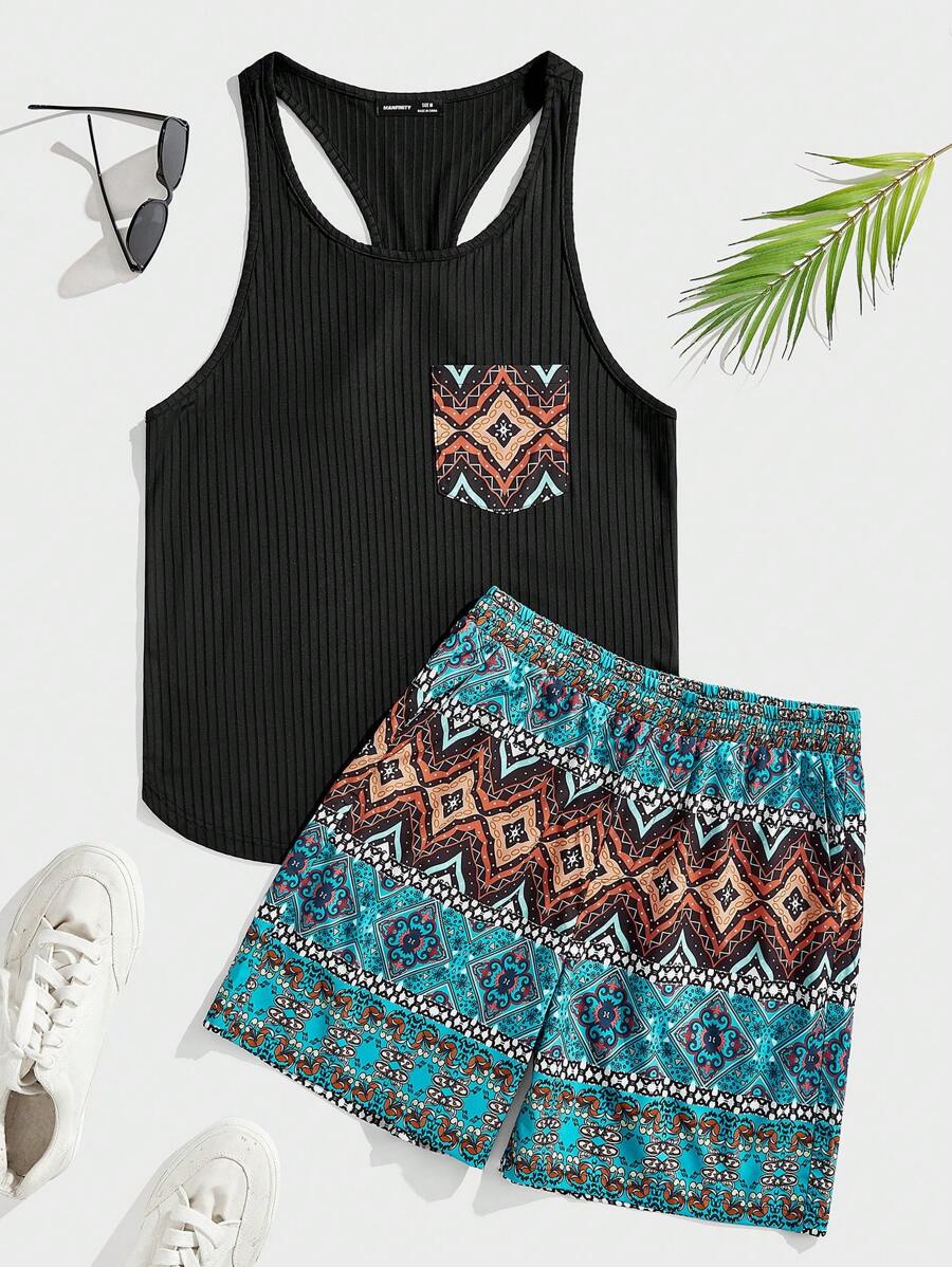 Manfinity RSRT 男士圆领无袖纯色拼布休闲上衣和短裤两件套套装