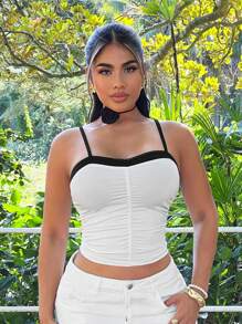 SHEIN SXY Black & White Contrast Ruffle Pleated 3D Floral Camisole Top - White - View 4