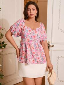 SHEIN VCAY Plus Size Sweetheart Collar Floral All-Over Print Simple Casual T-Shirt - Multicolor - View 5