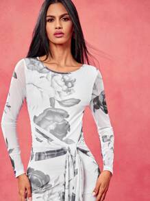 Oxana Váy ngắn tay dài dệt kim họa tiết hoa đen trắng cho nữ, ngày lễ tình nhân, mùa xuân và mùa hè, đám cưới, lễ hội, trang phục hòa nhạc, váy dạ hội - Nhiều màu - Xem 4