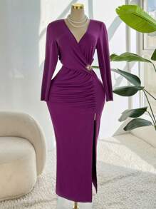 Celure Plus Size Women Ruched V-Neck Split Dress - Purple - View 1