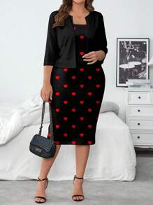 SHEIN Clasi Plus Size Solid Color Jacket & Dress 2 Pieces Set Valentines Outfit - Black - View 1