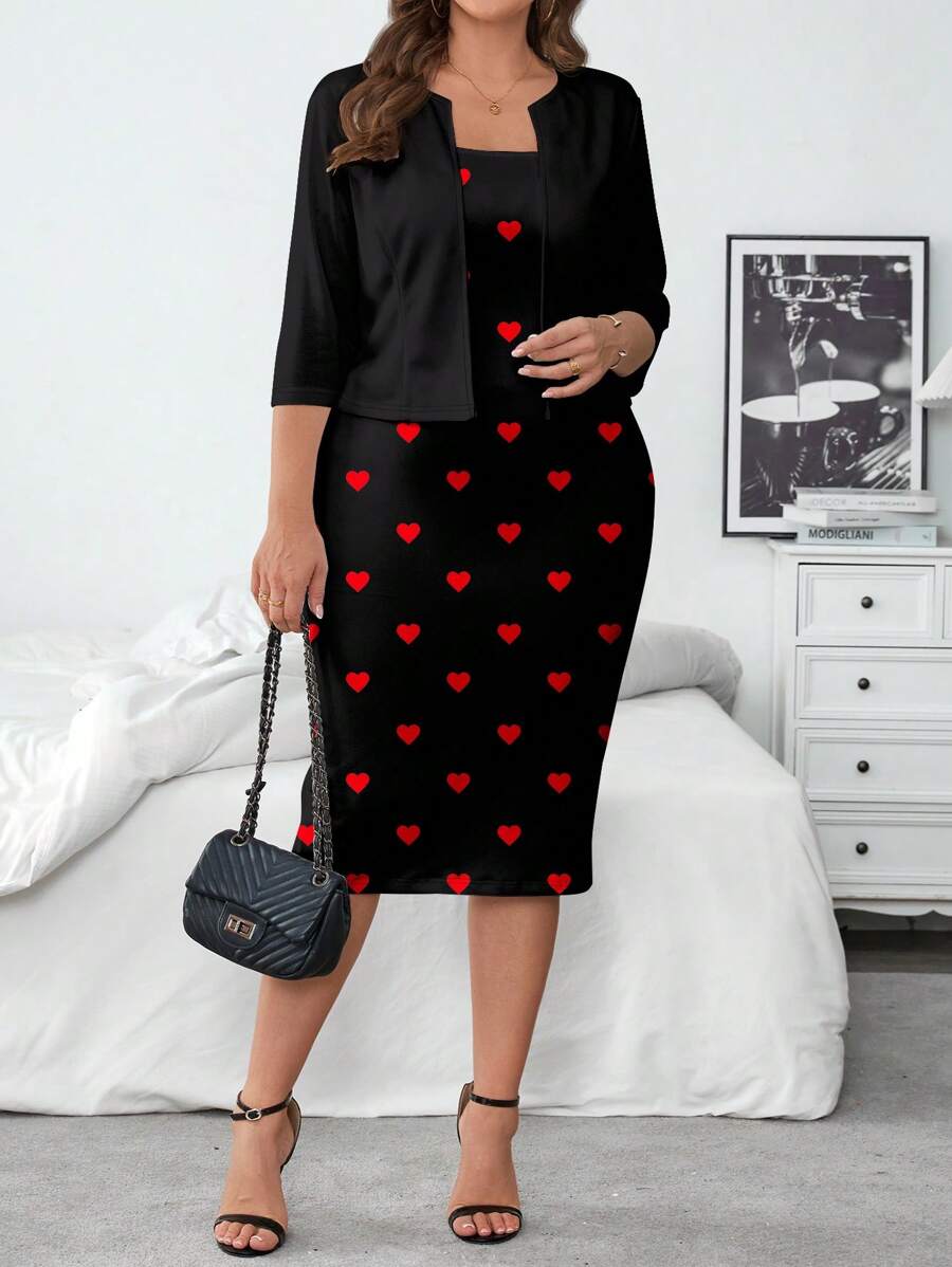 SHEIN Clasi Plus Size Solid Color Jacket & Dress 2 Pieces Set Valentines Outfit - Black - View 1